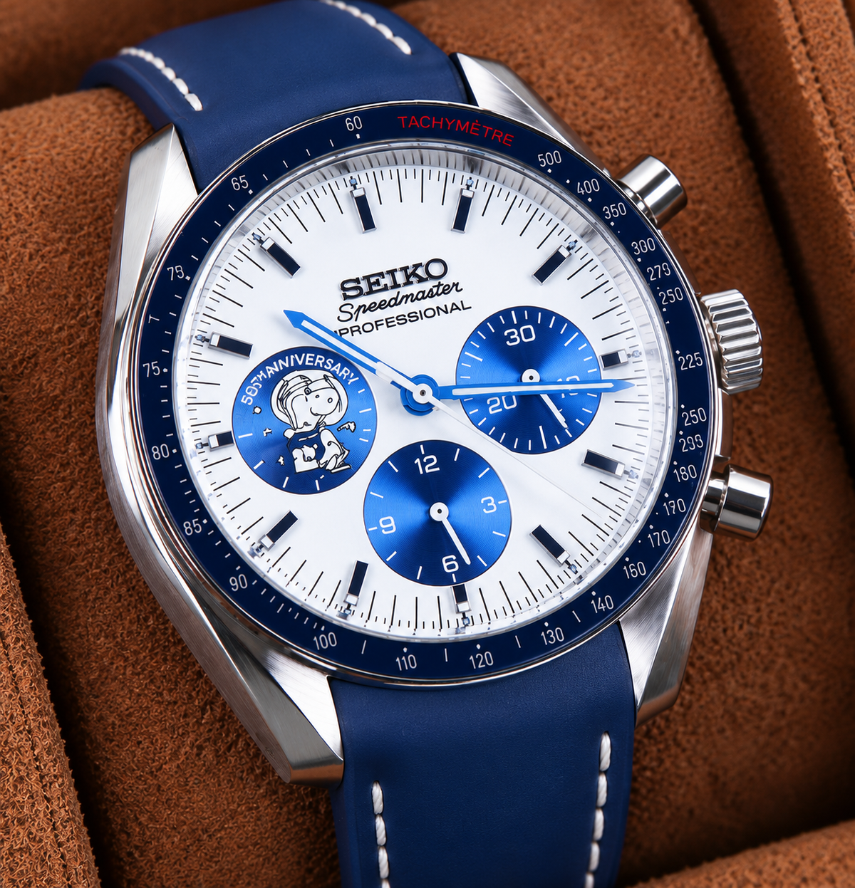 Custom Seiko Blue Black Snoopy Racing Chronograph Mod Watch