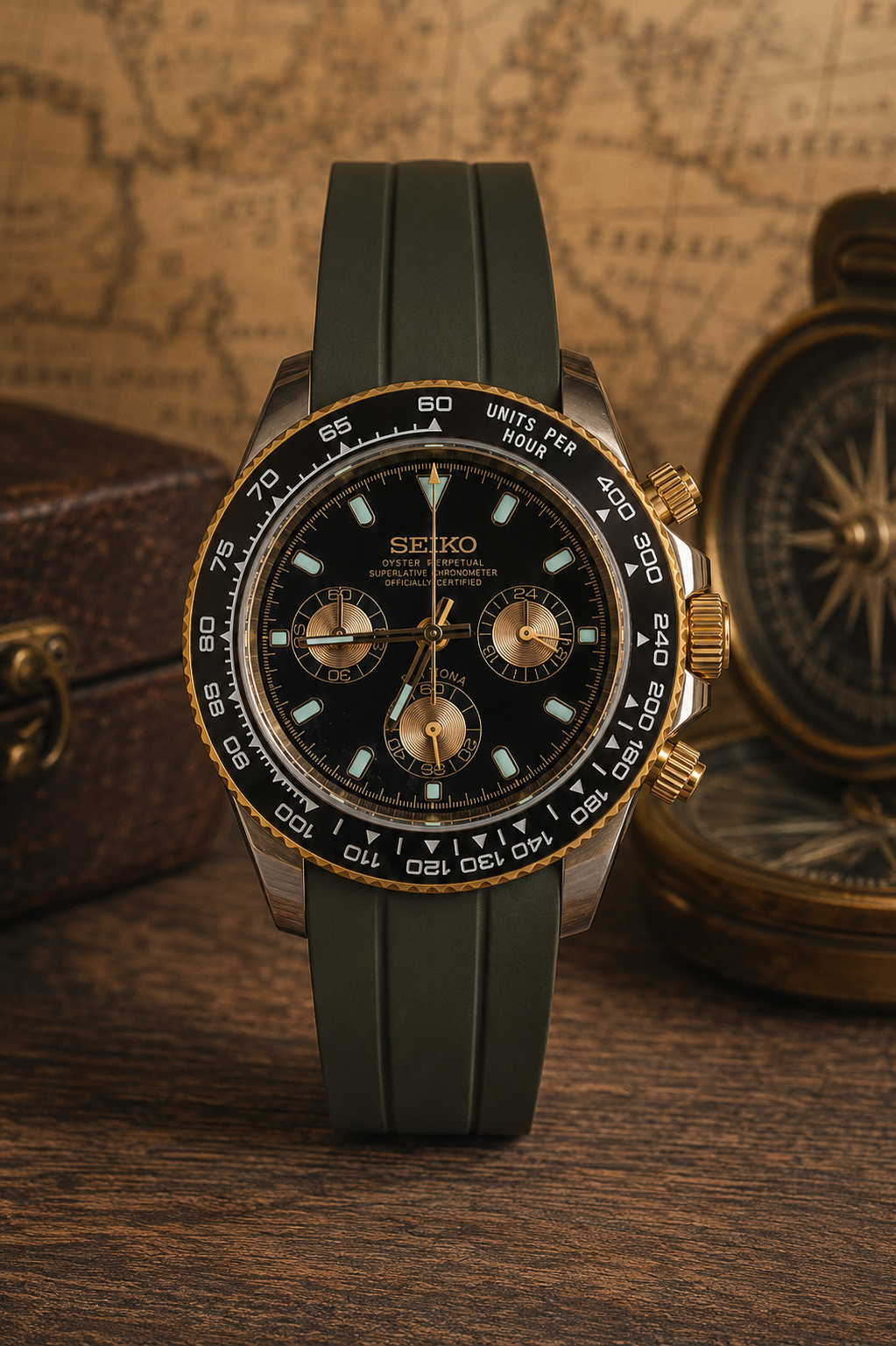Custom Seiko Dark Green Black Racing Chronograph Mod Watch