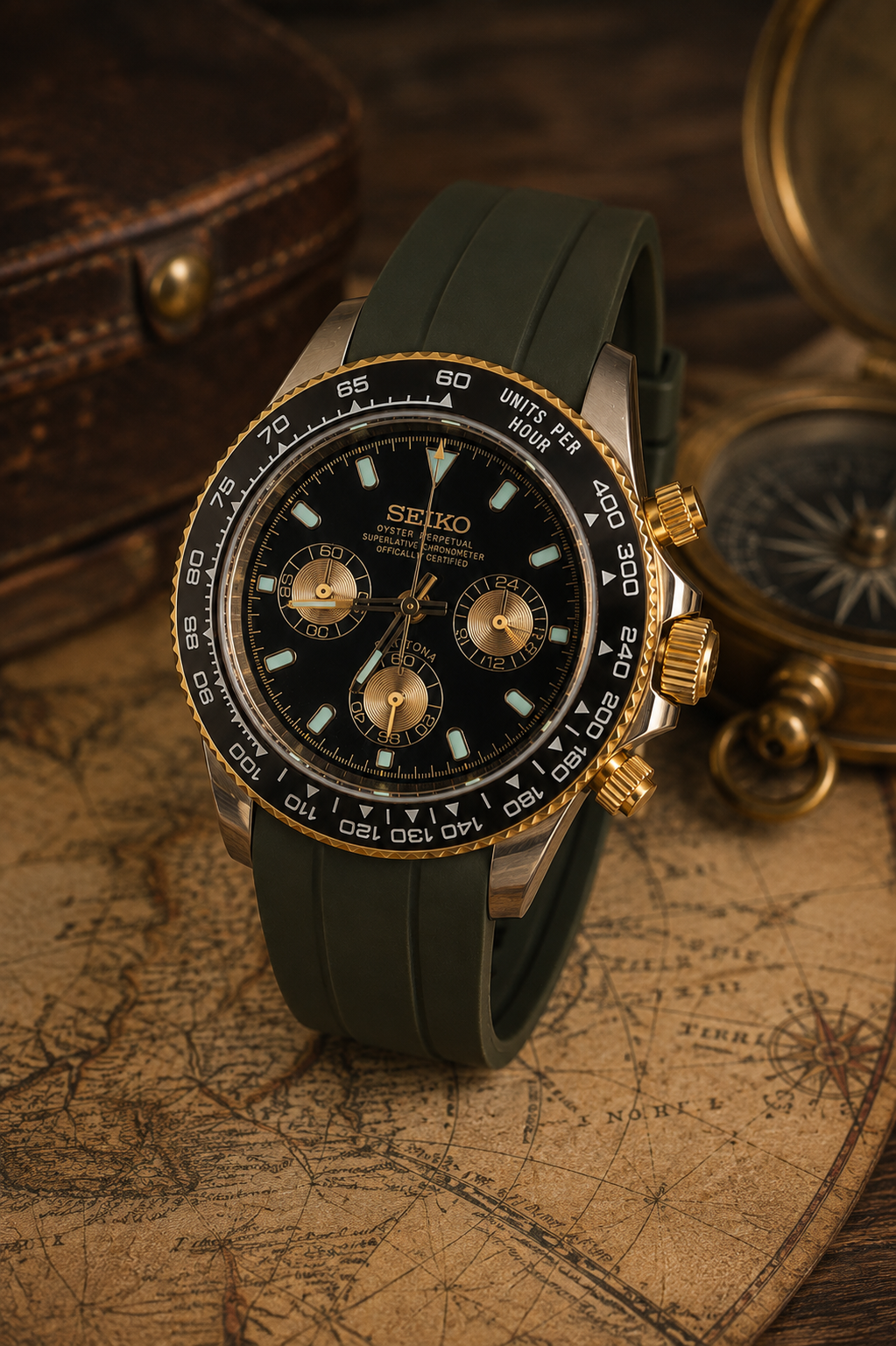 Custom Seiko Dark Green Black Racing Chronograph Mod Watch