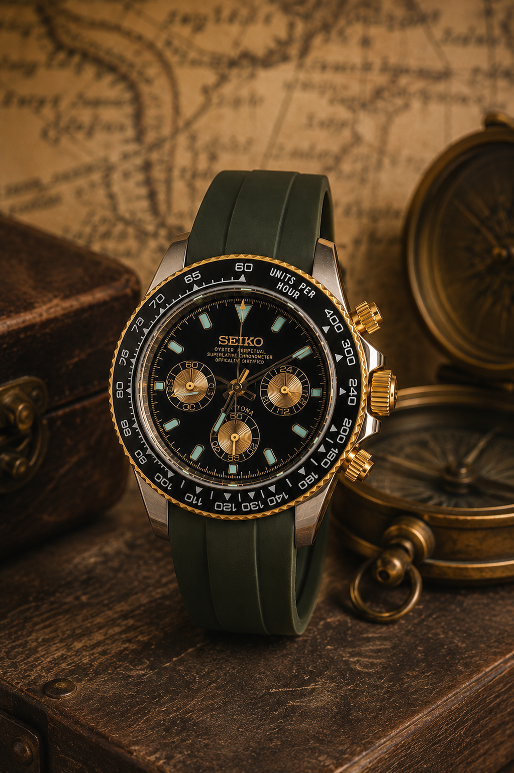 Custom Seiko Dark Green Black Racing Chronograph Mod Watch