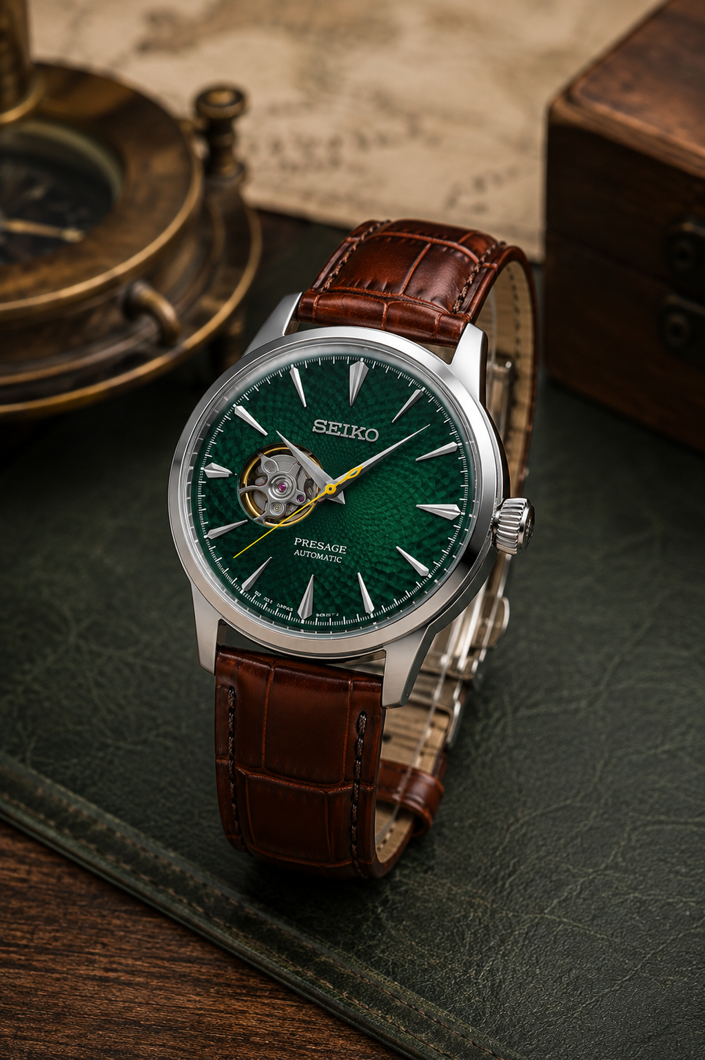 Custom Seiko Emerald Green Cocktail Open Heart Skeleton Automatic Mod Watch