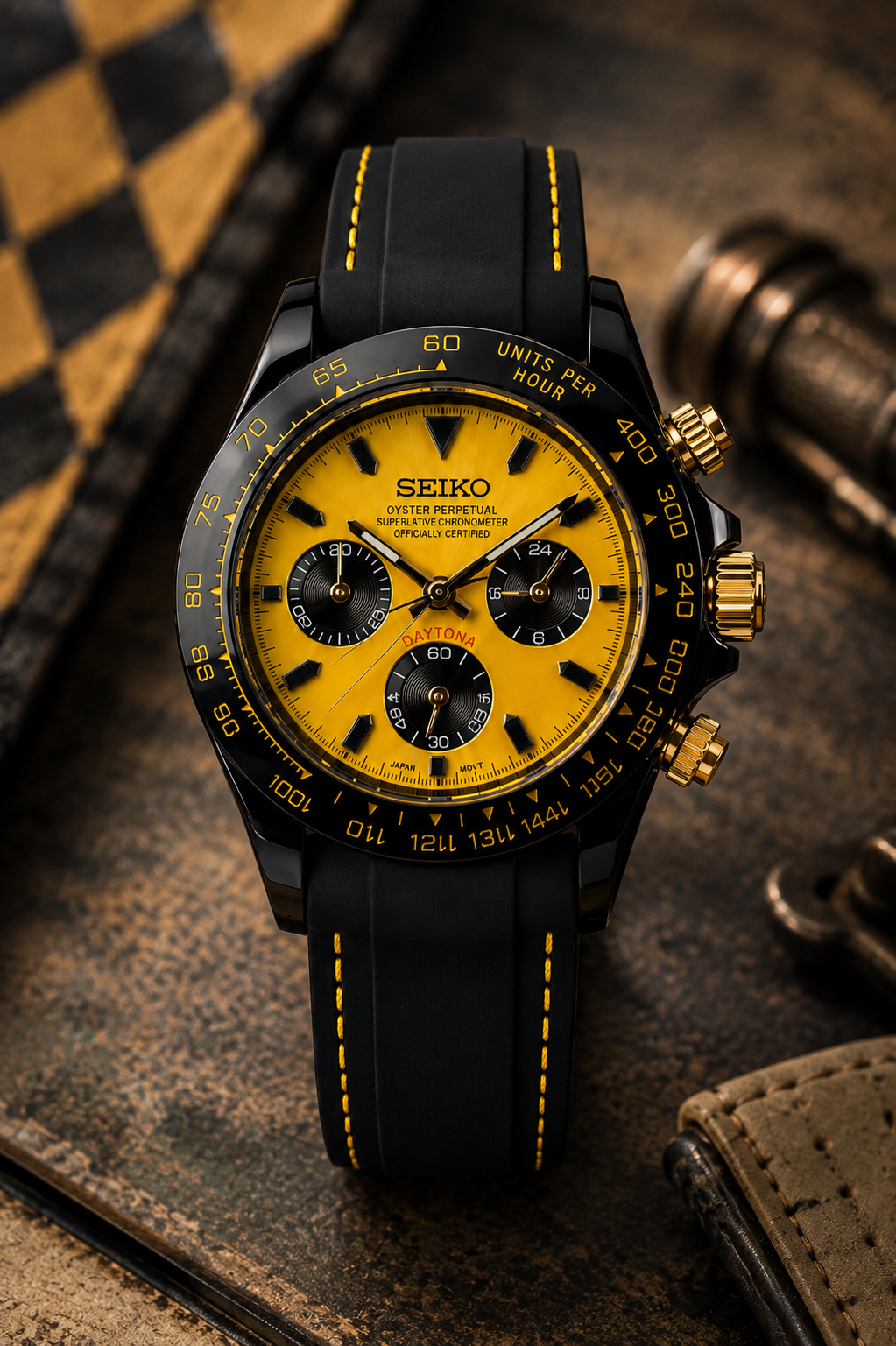 Custom Seiko Yellow Stitching Racing Chronograph Mod Watch