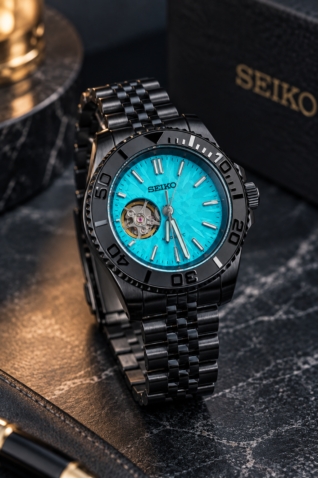 Custom Seiko Turquoise Open Heart Racing Automatic Mod Watch