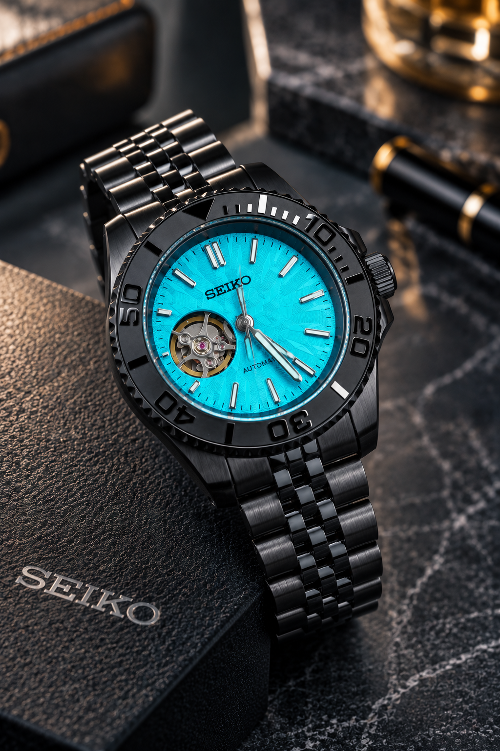 Custom Seiko Turquoise Open Heart Racing Automatic Mod Watch