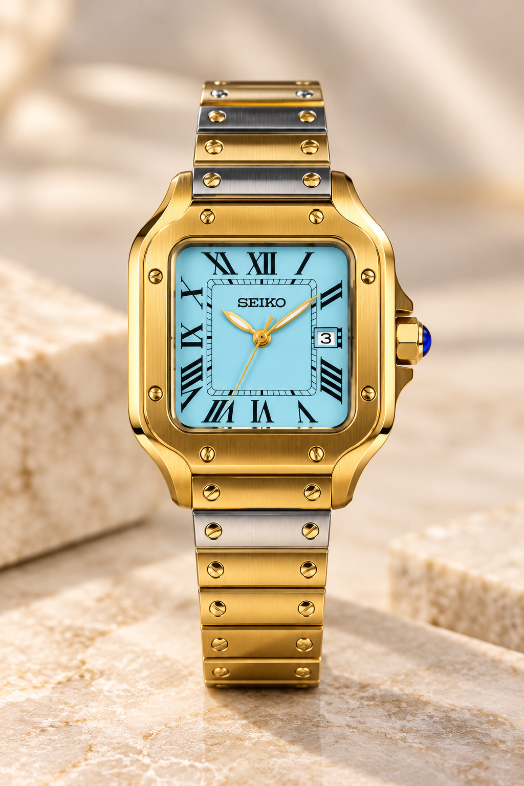 Custom Seiko Santo Ice Blue Automatic Watch – Gold & Two-Tone