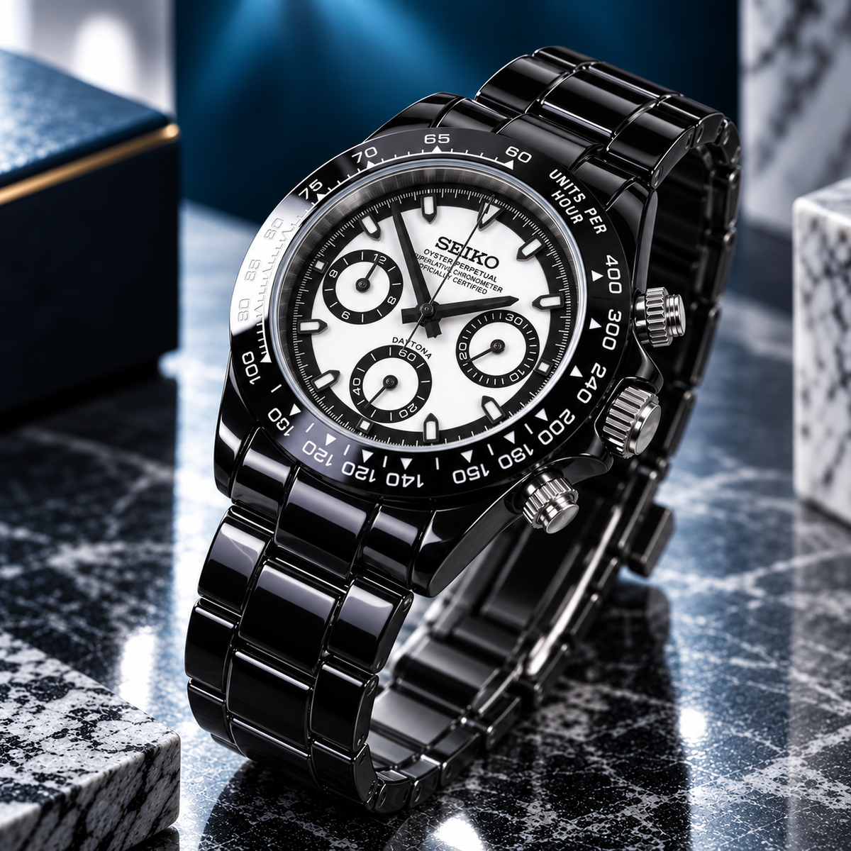 Custom Seiko Gloss Black & White Ceramic Chronograph Mod Watch