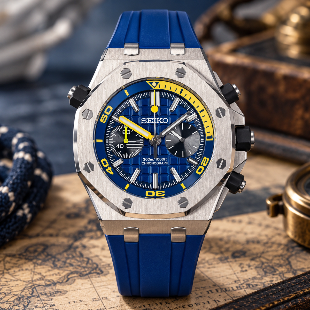 Custom Seiko Roak Blue & Yellow Chronograph Mod Watch