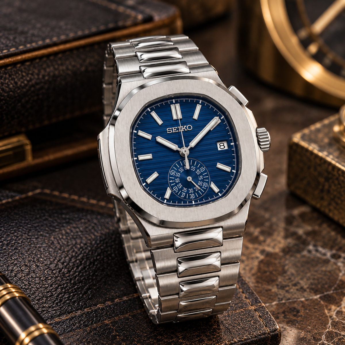 Custom Seiko Silver Naut Chronograph Mod Watch
