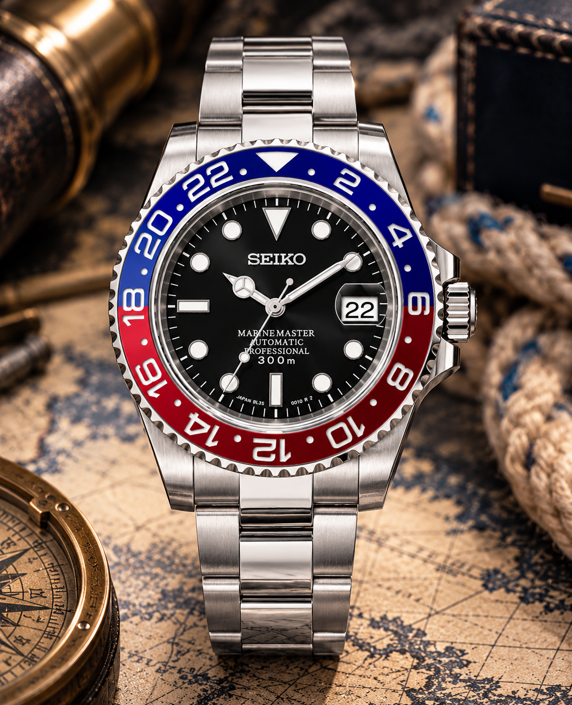 Custom Seiko MilSub Vintage Pepsi Benz Date Mod Watch