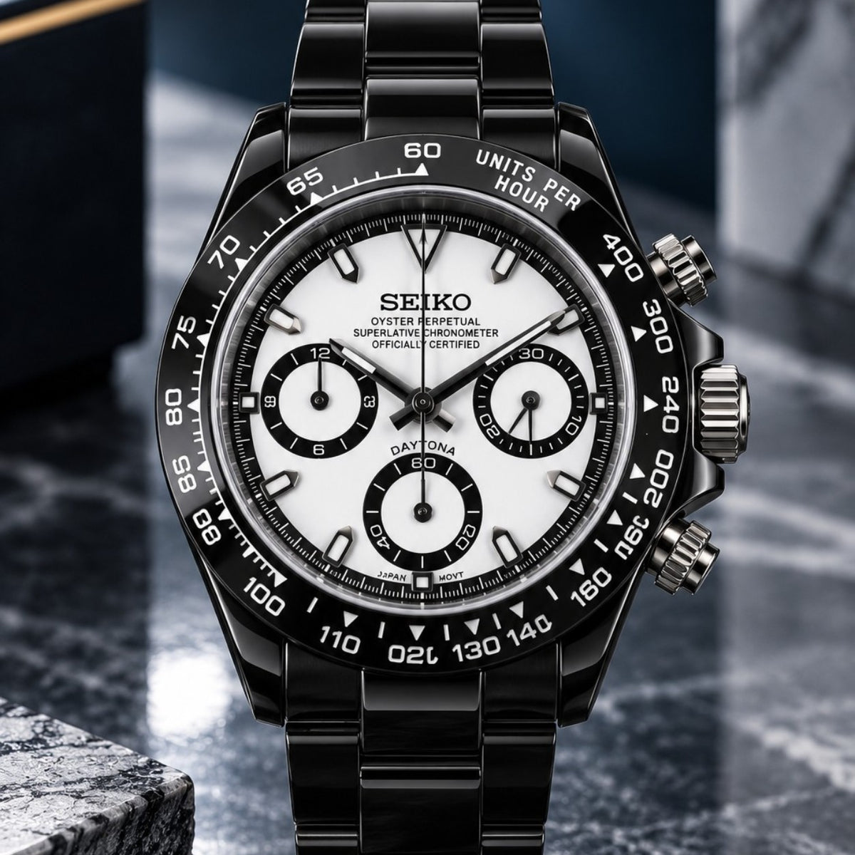 Custom Seiko Gloss Black & White Ceramic Chronograph Mod Watch