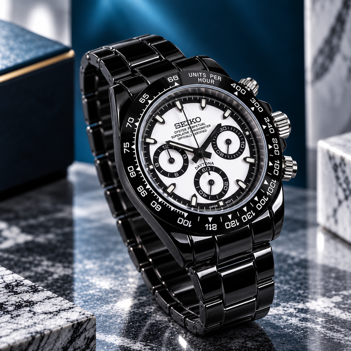 Custom Seiko Gloss Black & White Ceramic Chronograph Mod Watch
