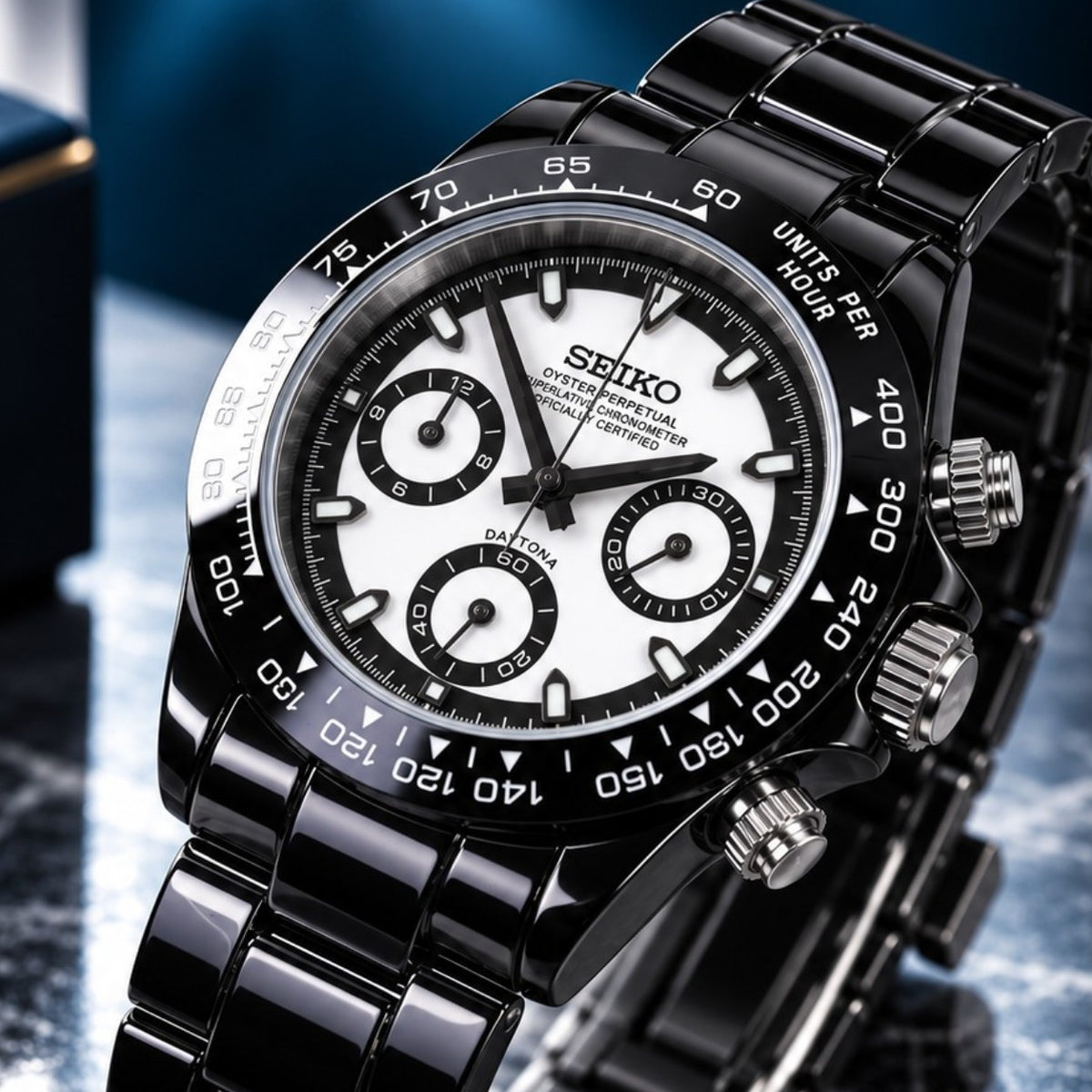 Custom Seiko Gloss Black & White Ceramic Chronograph Mod Watch