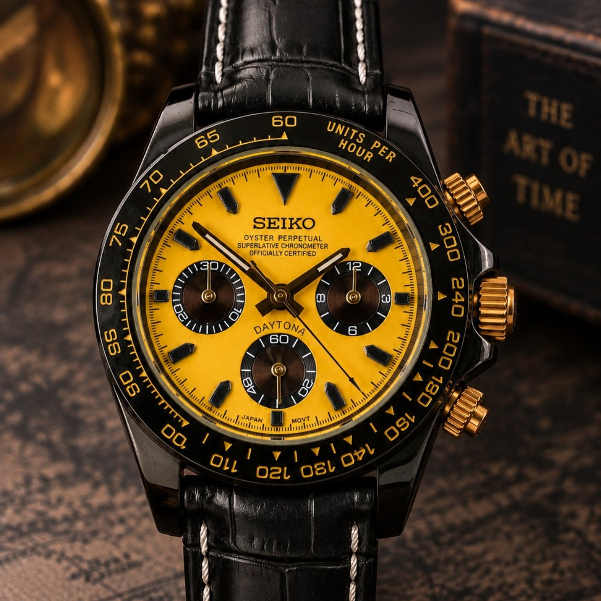 Custom Seiko Yellow Racing Chronograph Mod Watch with Black Leather Strap