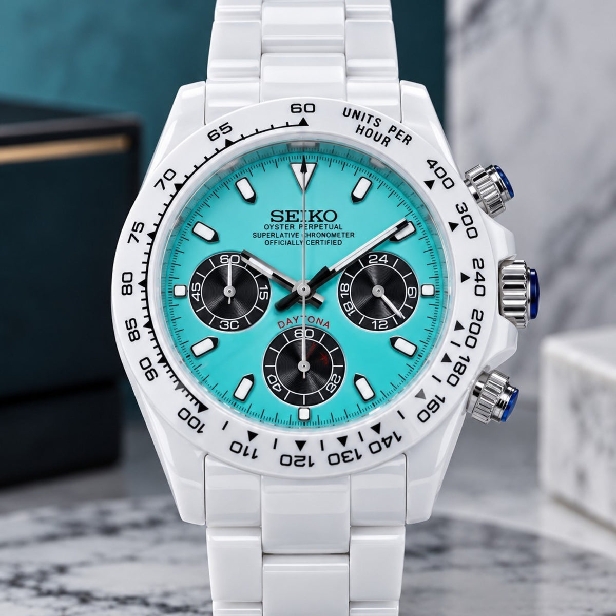 Custom Seiko Glacier White & Ice Blue Ceramic Chronograph Mod Watch