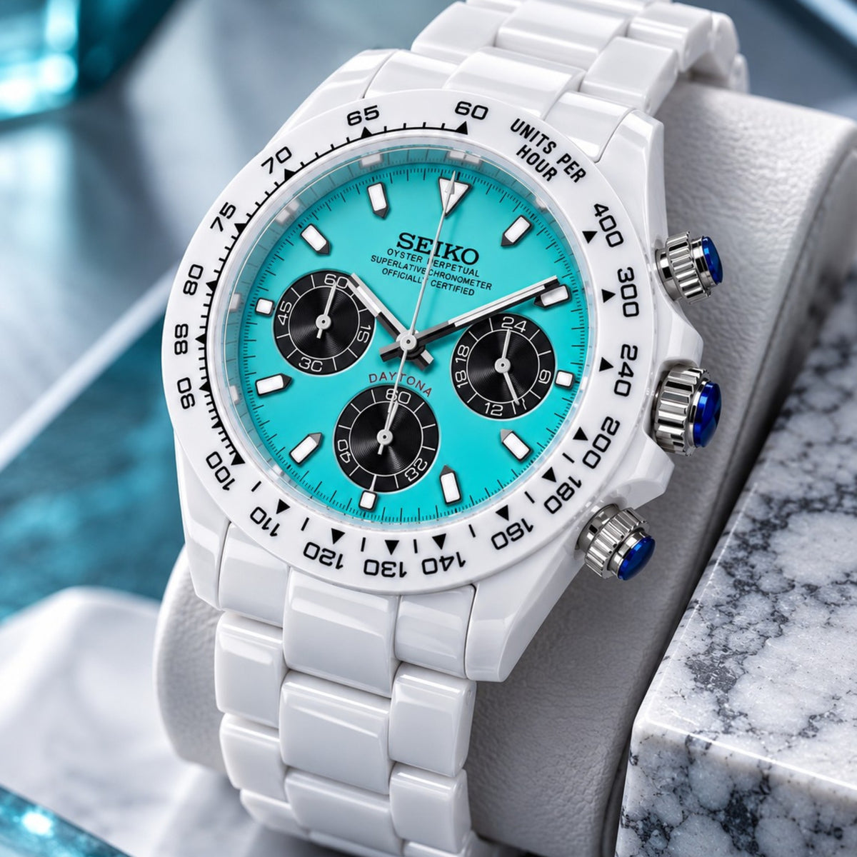 Custom Seiko Glacier White & Ice Blue Ceramic Chronograph Mod Watch
