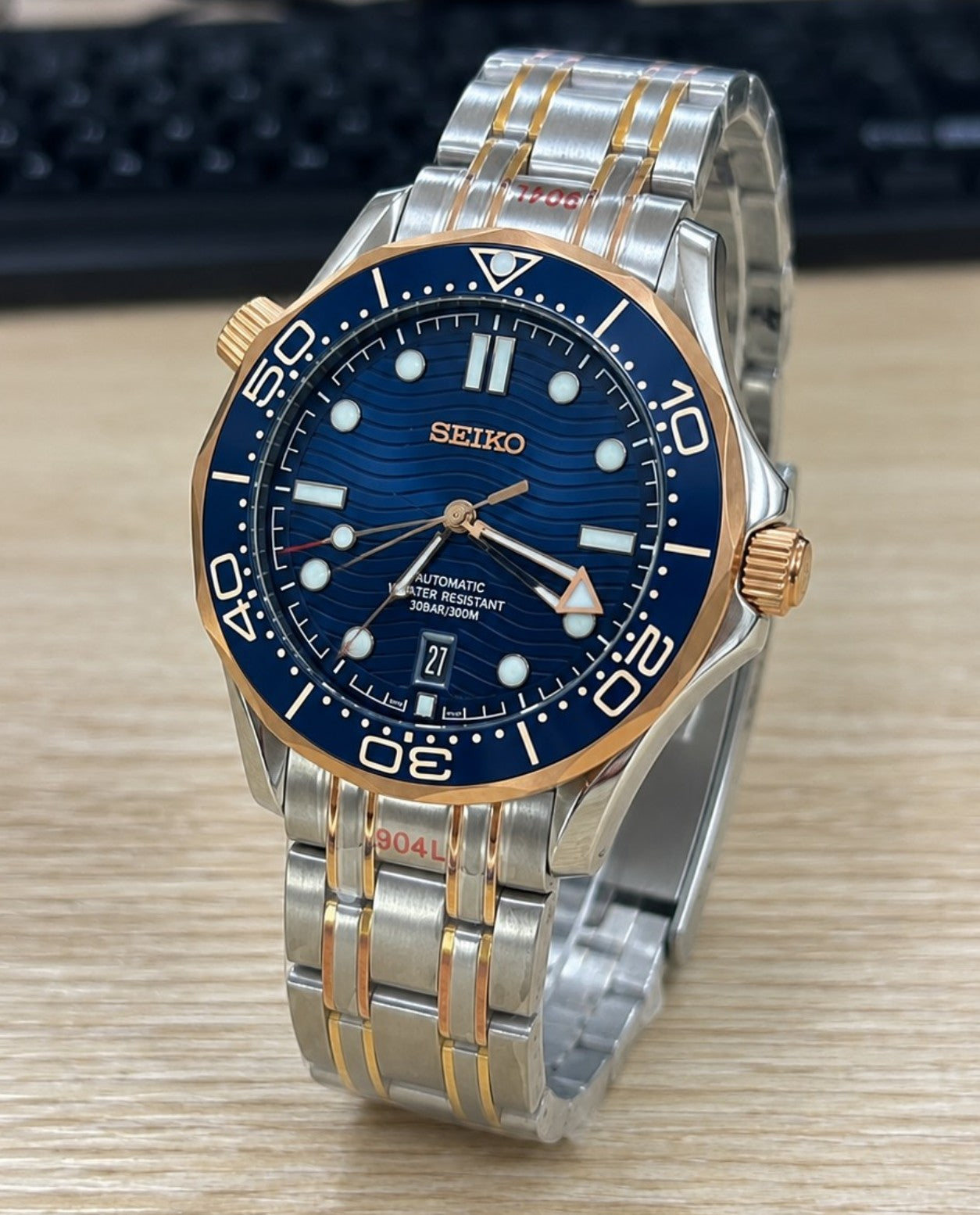 Custom Seiko Blue Ocean Rose Gold Racing Automatic Mod Watch