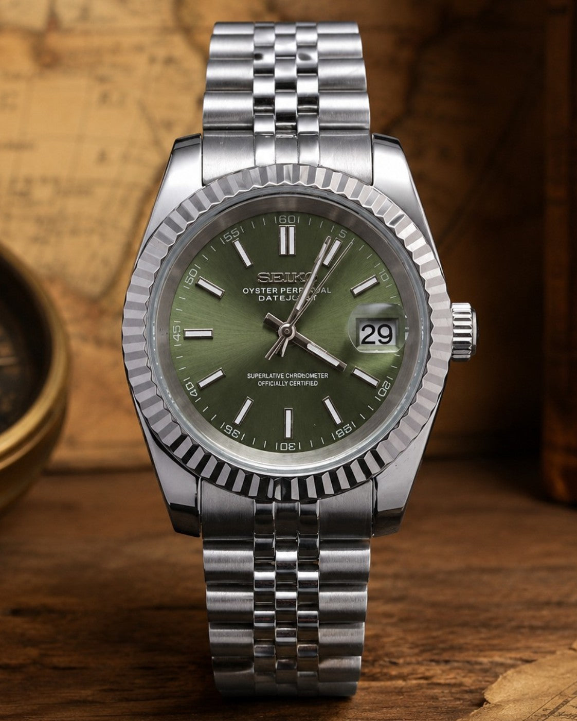 Custom Seiko Vintage Green Sunburst Date Automatic Mod Watch