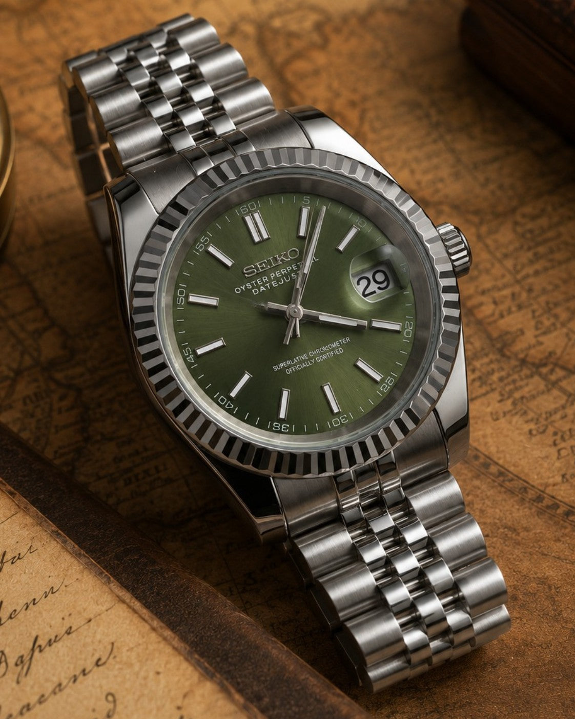 Custom Seiko Vintage Green Sunburst Date Automatic Mod Watch