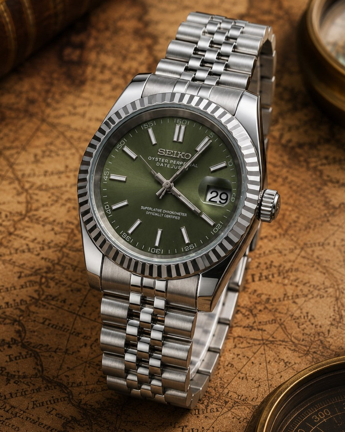 Custom Seiko Vintage Green Sunburst Date Automatic Mod Watch