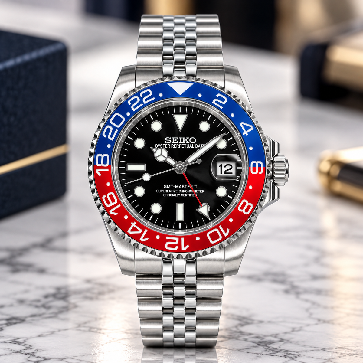 Custom Seiko MilSub Vintage Red Pepsi GMT Benz Date Mod