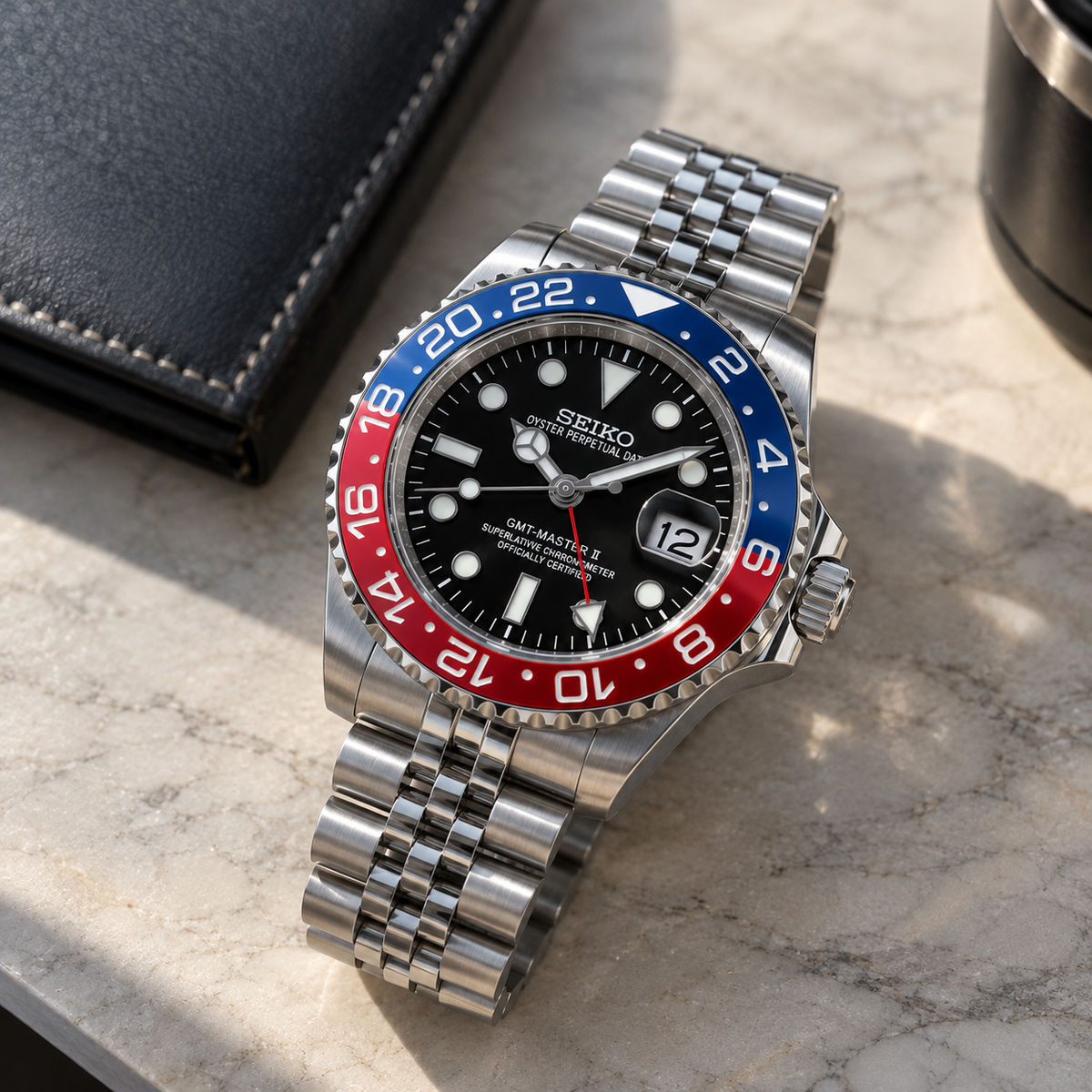 Custom Seiko MilSub Vintage Red Pepsi GMT Benz Date Mod