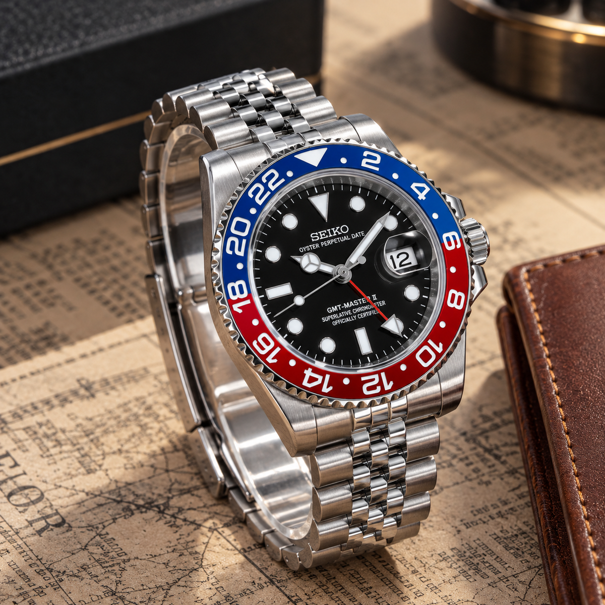 Custom Seiko MilSub Vintage Red Pepsi GMT Benz Date Mod