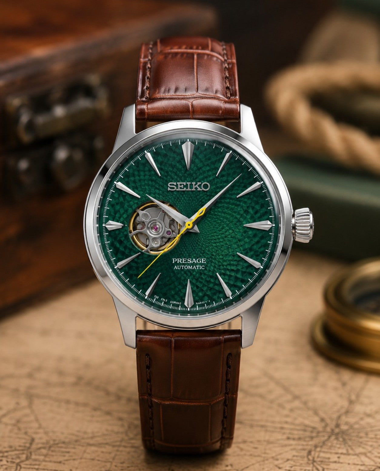 Custom Seiko Emerald Green Cocktail Open Heart Skeleton Automatic Mod Watch