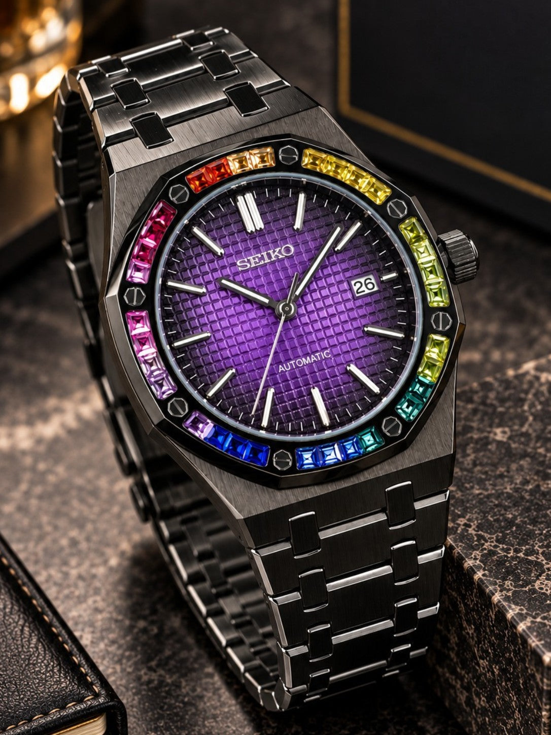 Custom Seiko Purple Rainbow Date Automatic Mod Watch
