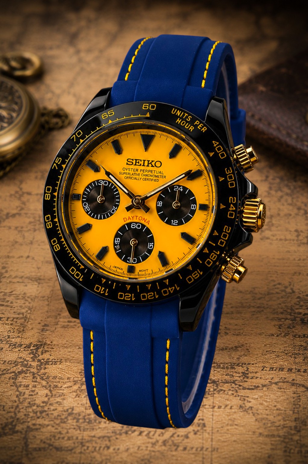Custom Seiko Blue Yellow Stitching Racing Chronograph Mod Watch