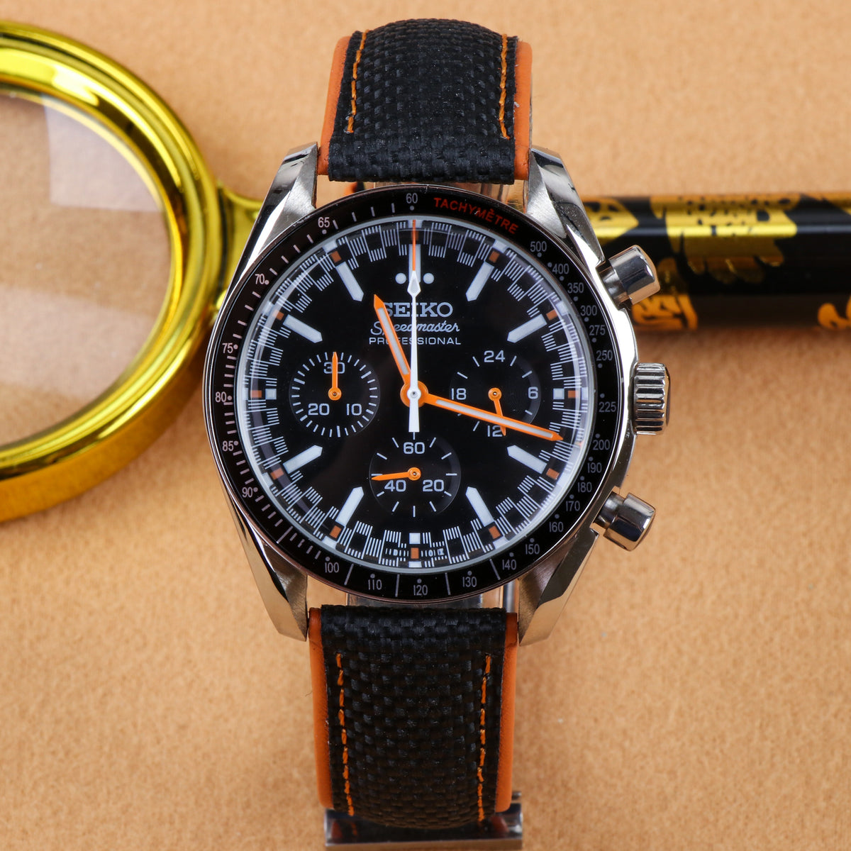 Custom Seiko Black Orange Chronograph Mod Watch