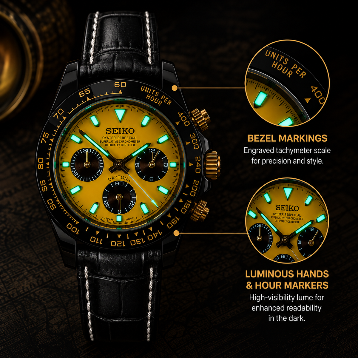 Custom Seiko Yellow Racing Chronograph Mod Watch with Black Leather Strap