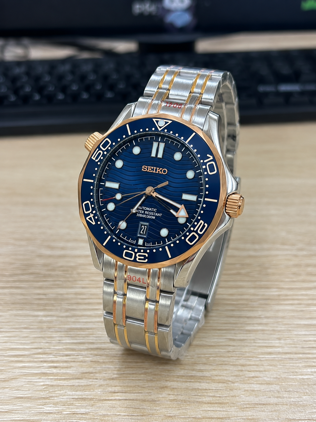 Custom Seiko Blue Ocean Rose Gold Racing Automatic Mod Watch