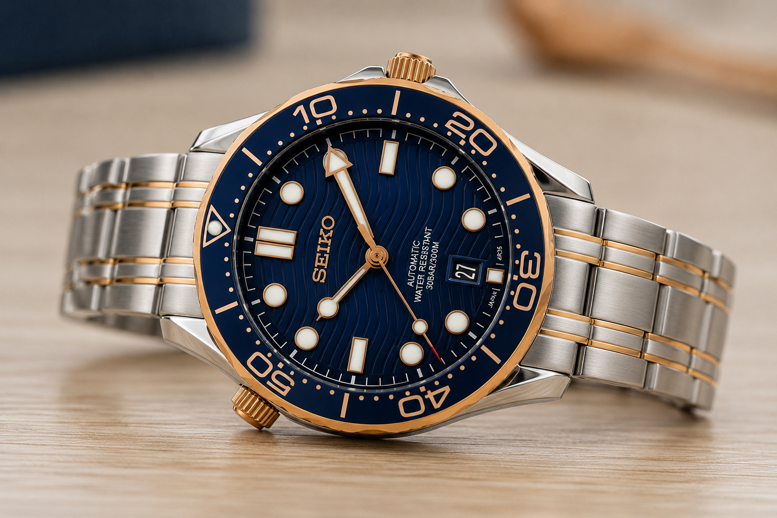 Custom Seiko Blue Ocean Rose Gold Racing Automatic Mod Watch