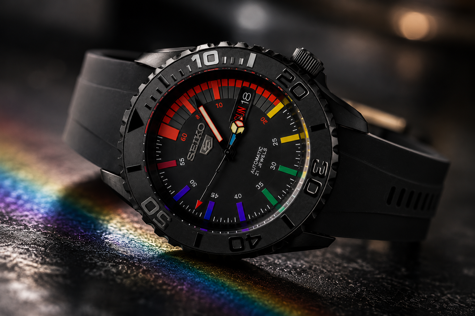Custom Seiko Mod Speed Rainbow Black Watch