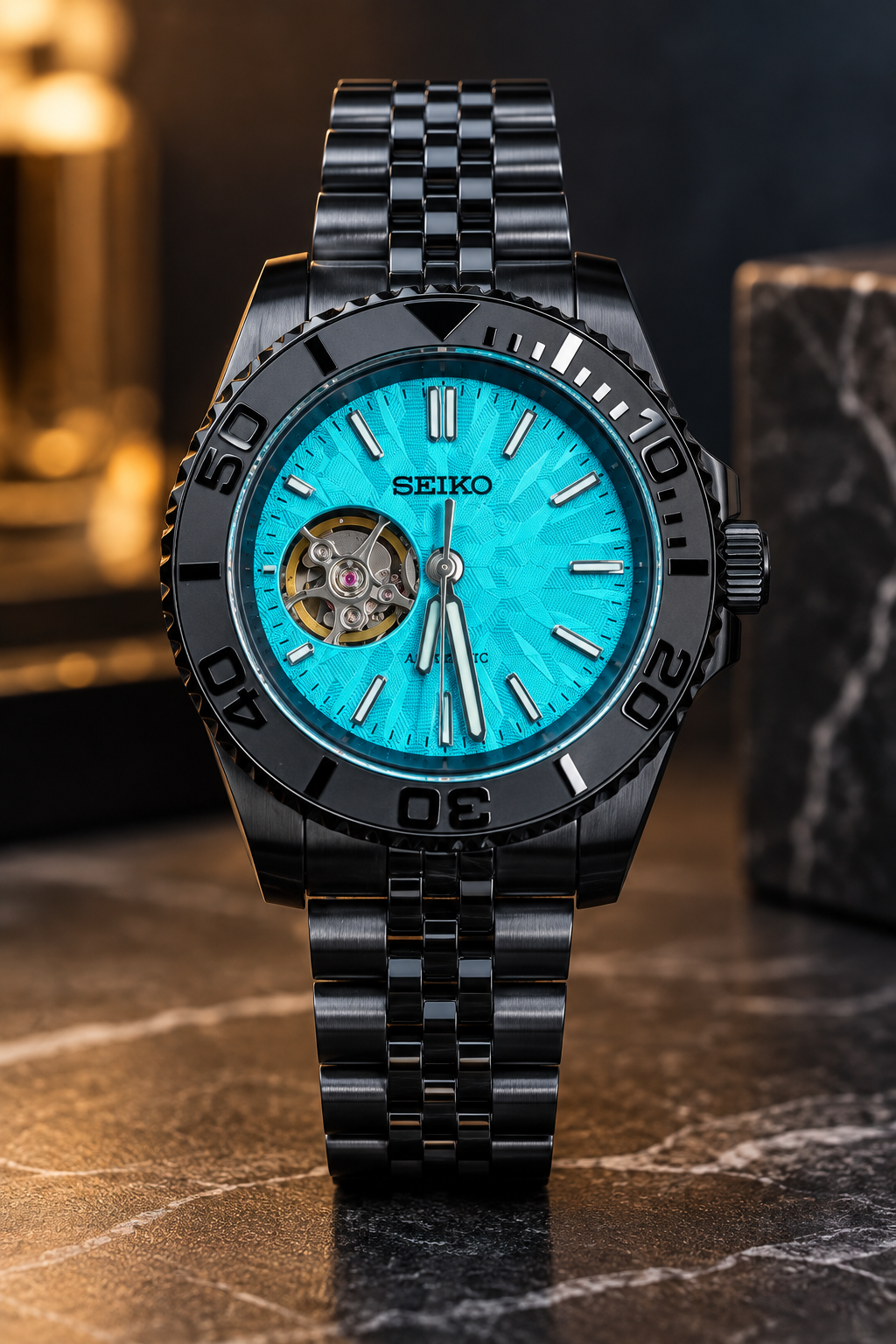 Custom Seiko Turquoise Open Heart Racing Automatic Mod Watch