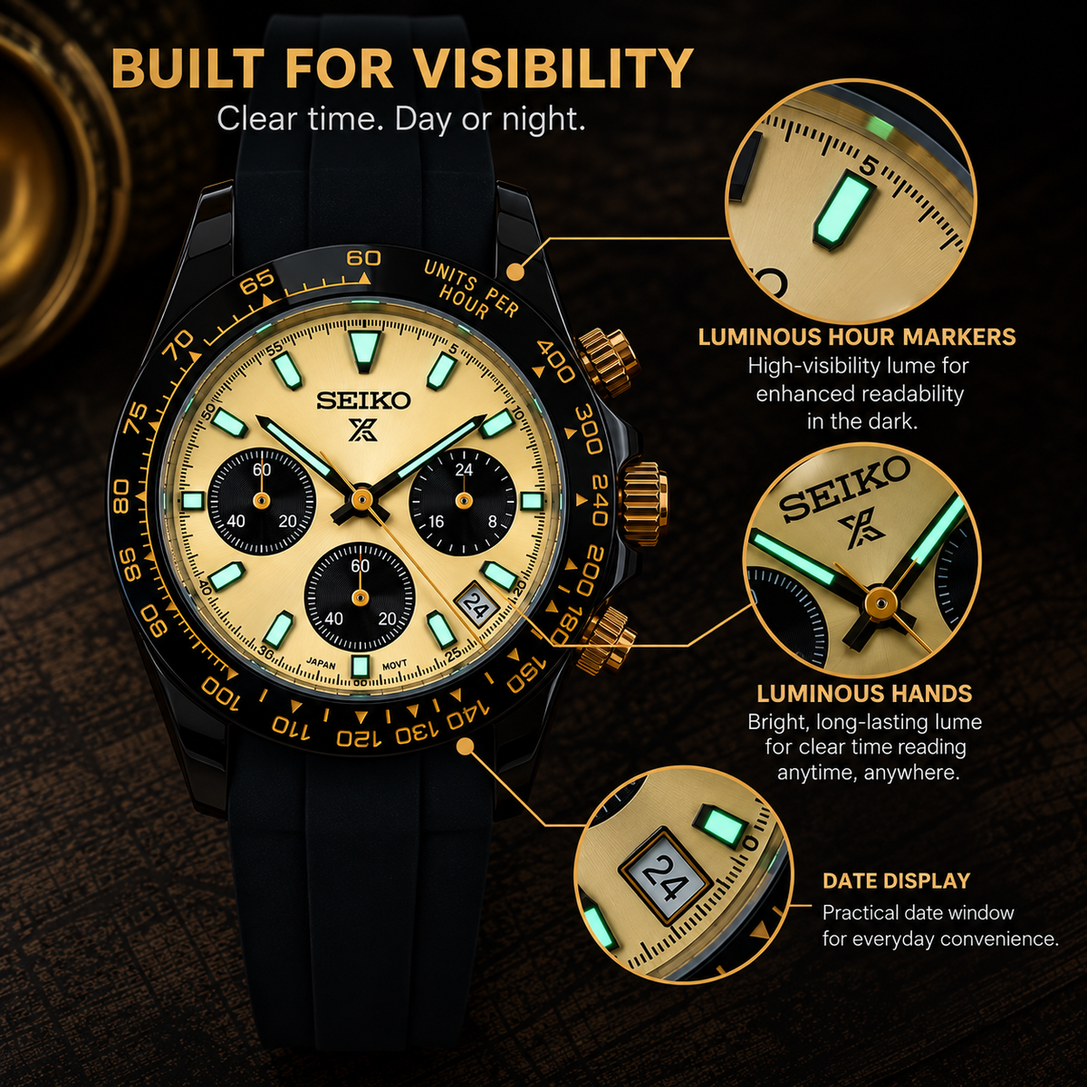 Custom Seiko Champagne Racing Chronograph Date Display Mod Watch
