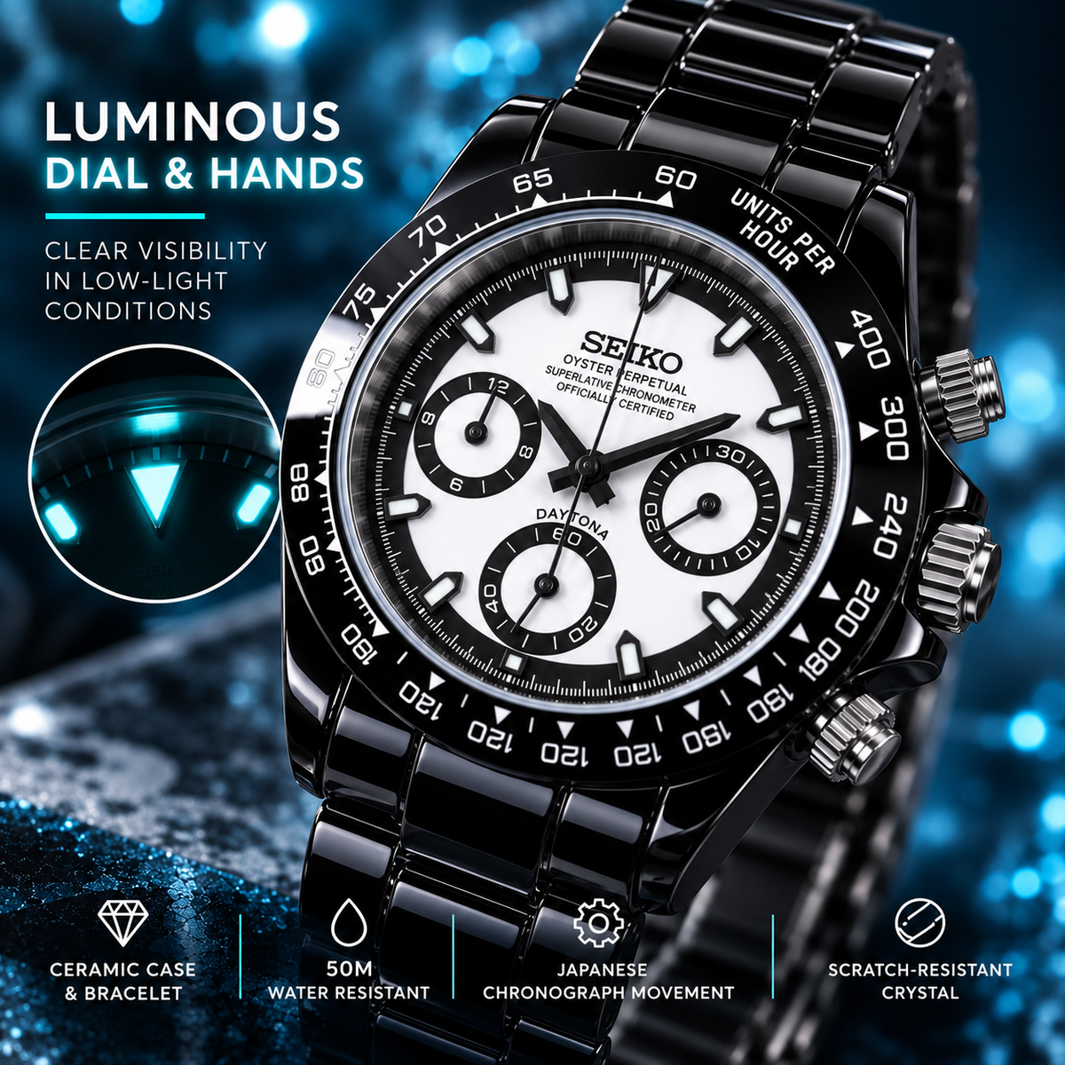 Custom Seiko Gloss Black & White Ceramic Chronograph Mod Watch