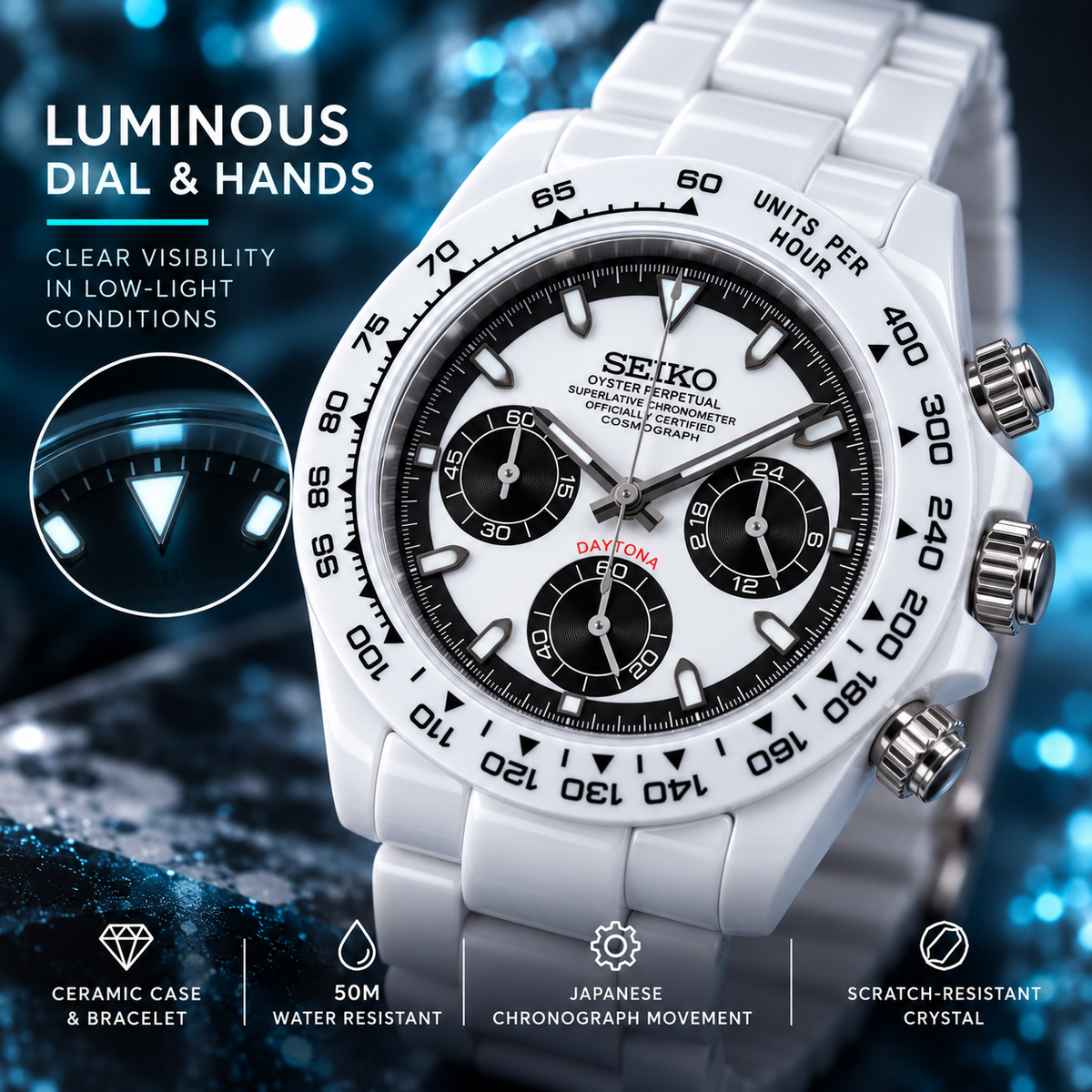 Custom Seiko Glacier White & Black Ceramic Chronograph Mod Watch