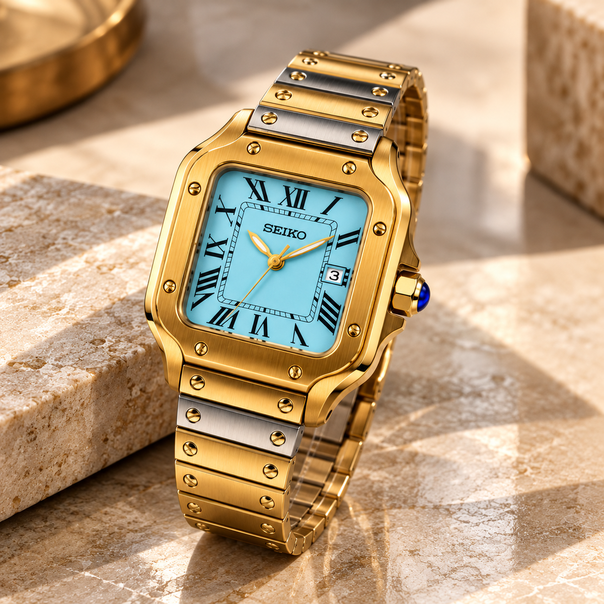 Custom Seiko Santo Ice Blue Automatic Watch – Gold & Two-Tone