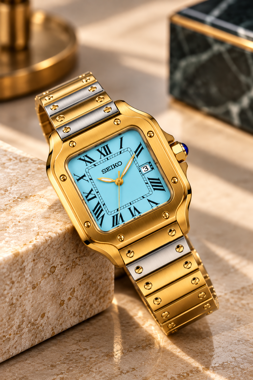 Custom Seiko Santo Ice Blue Automatic Watch – Gold & Two-Tone