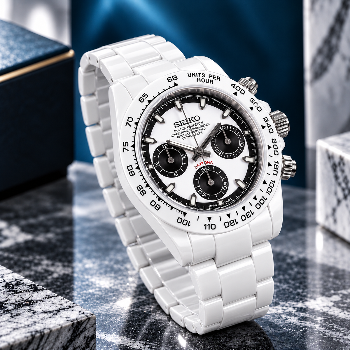 Custom Seiko Glacier White & Black Ceramic Chronograph Mod Watch