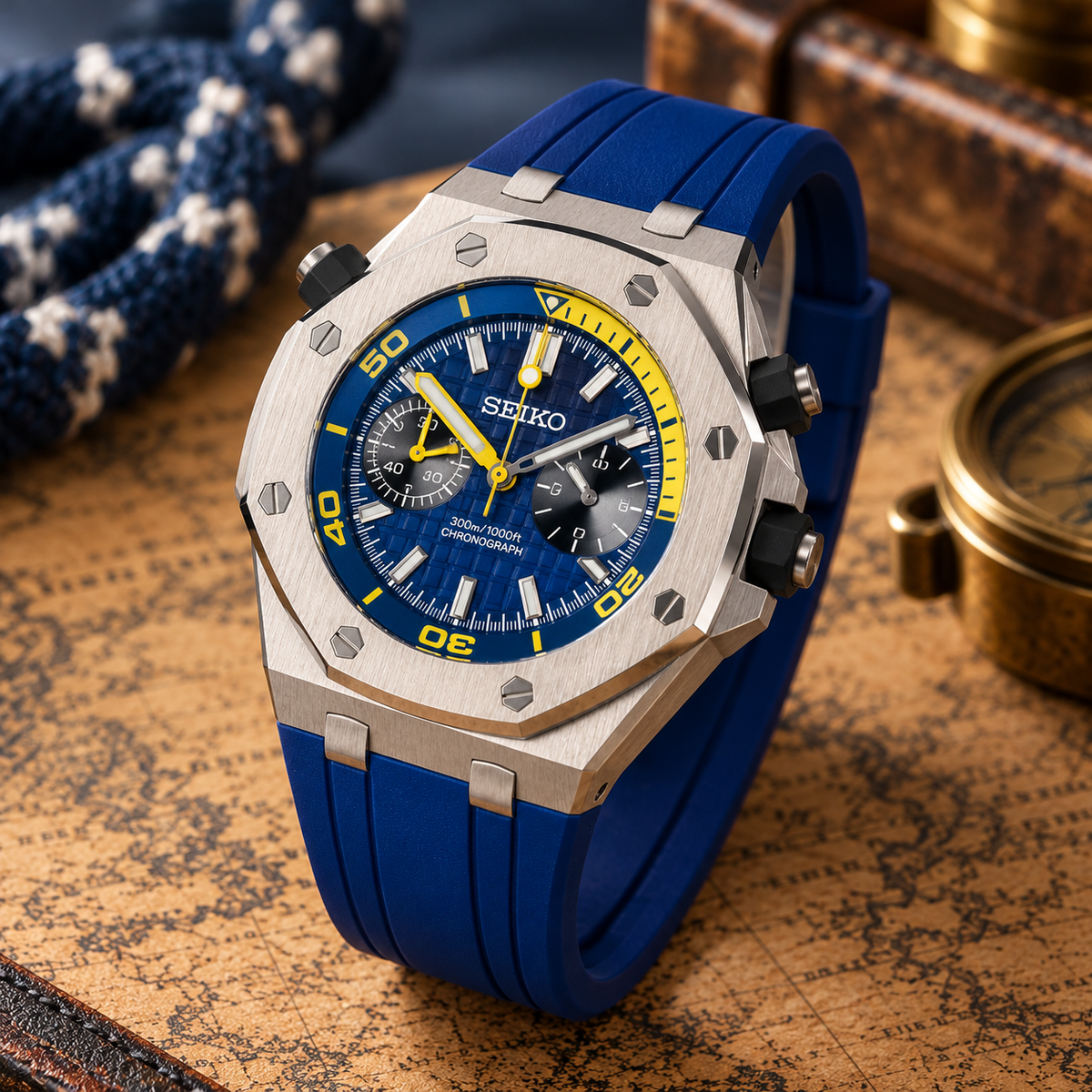Custom Seiko Roak Blue & Yellow Chronograph Mod Watch