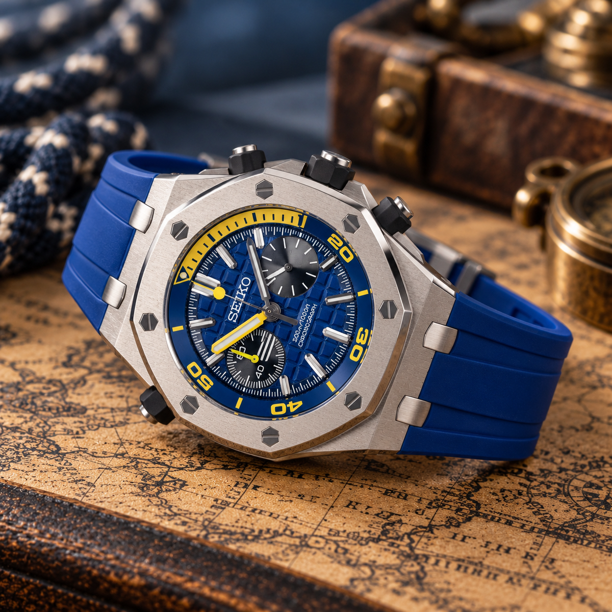 Custom Seiko Roak Blue & Yellow Chronograph Mod Watch