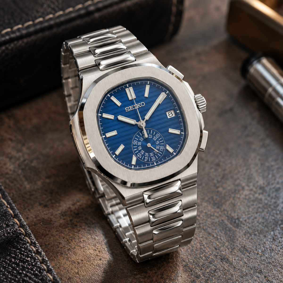 Custom Seiko Silver Naut Chronograph Mod Watch
