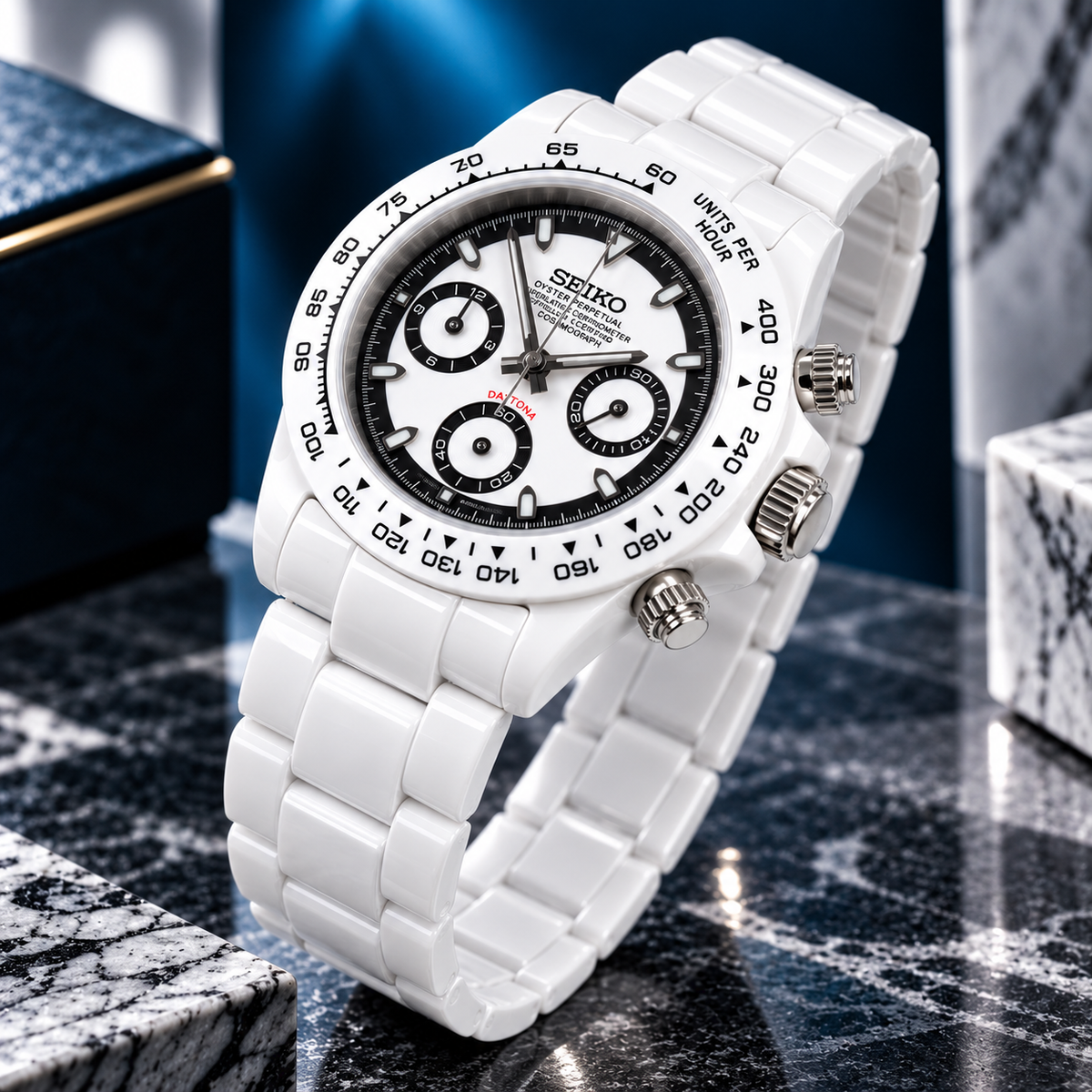 Custom Seiko Glacier White & Black Ceramic Chronograph Mod Watch