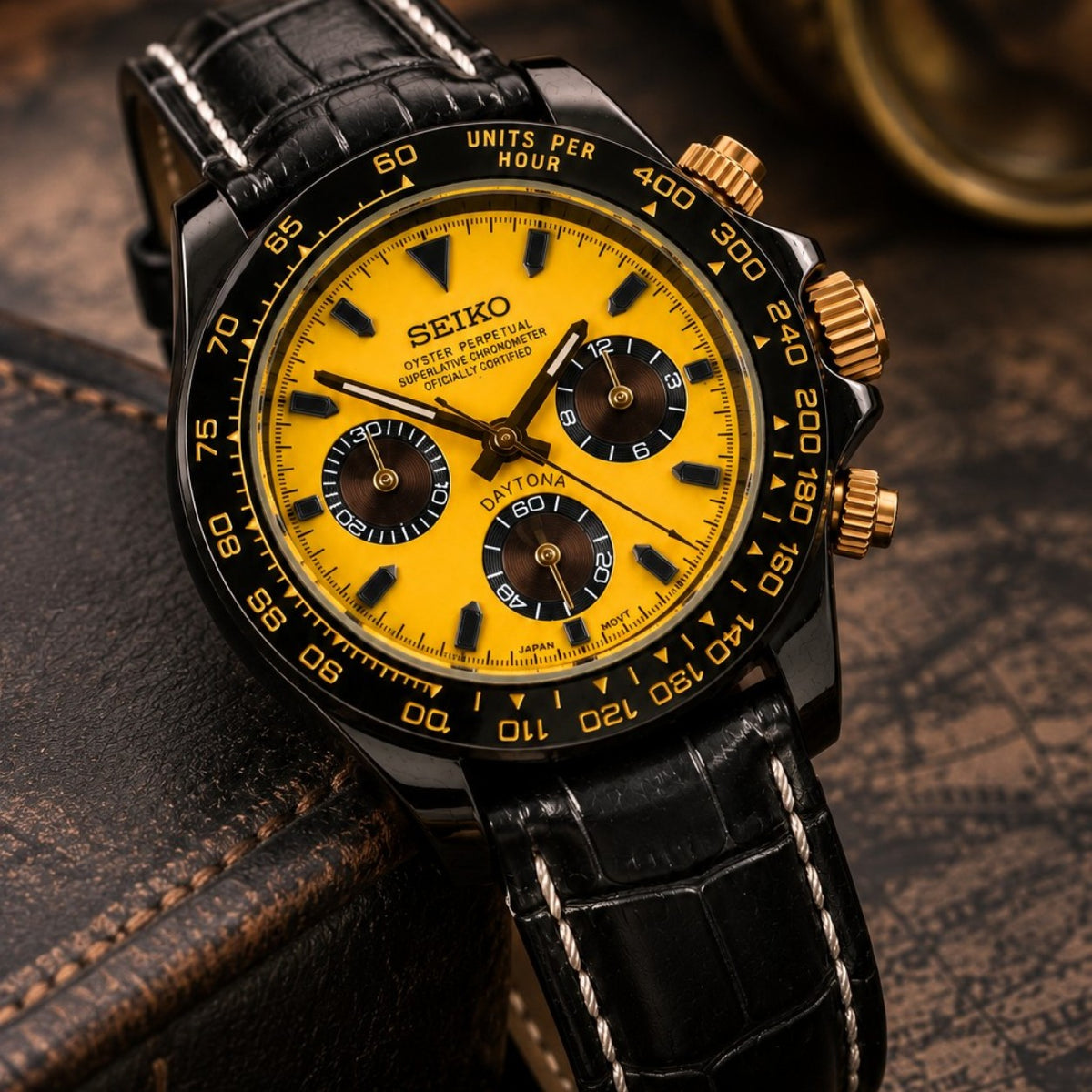 Custom Seiko Yellow Racing Chronograph Mod Watch with Black Leather Strap