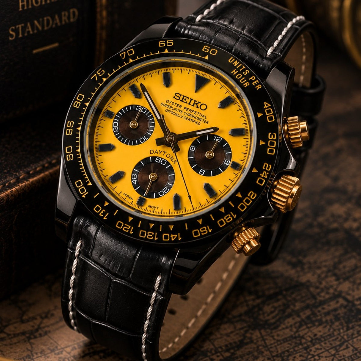 Custom Seiko Yellow Racing Chronograph Mod Watch with Black Leather Strap