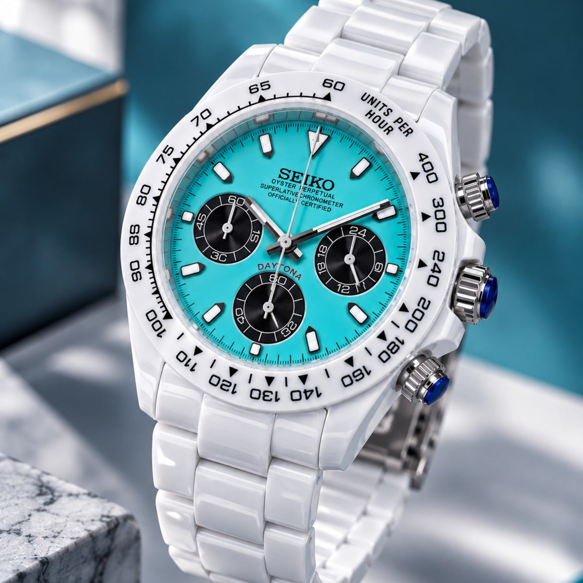 Custom Seiko Glacier White & Ice Blue Ceramic Chronograph Mod Watch