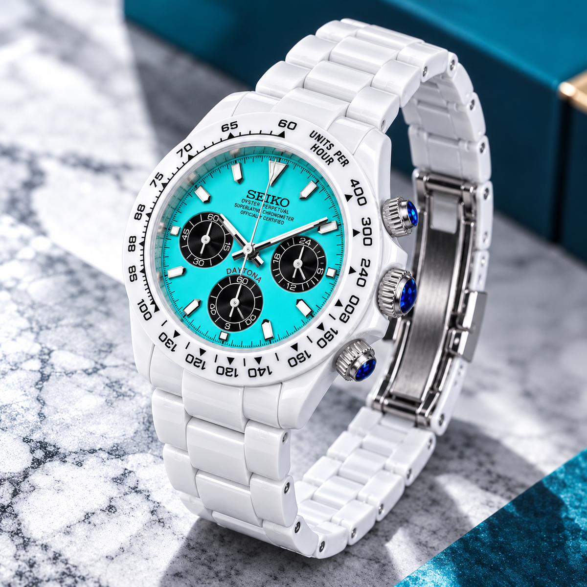 Custom Seiko Glacier White & Ice Blue Ceramic Chronograph Mod Watch