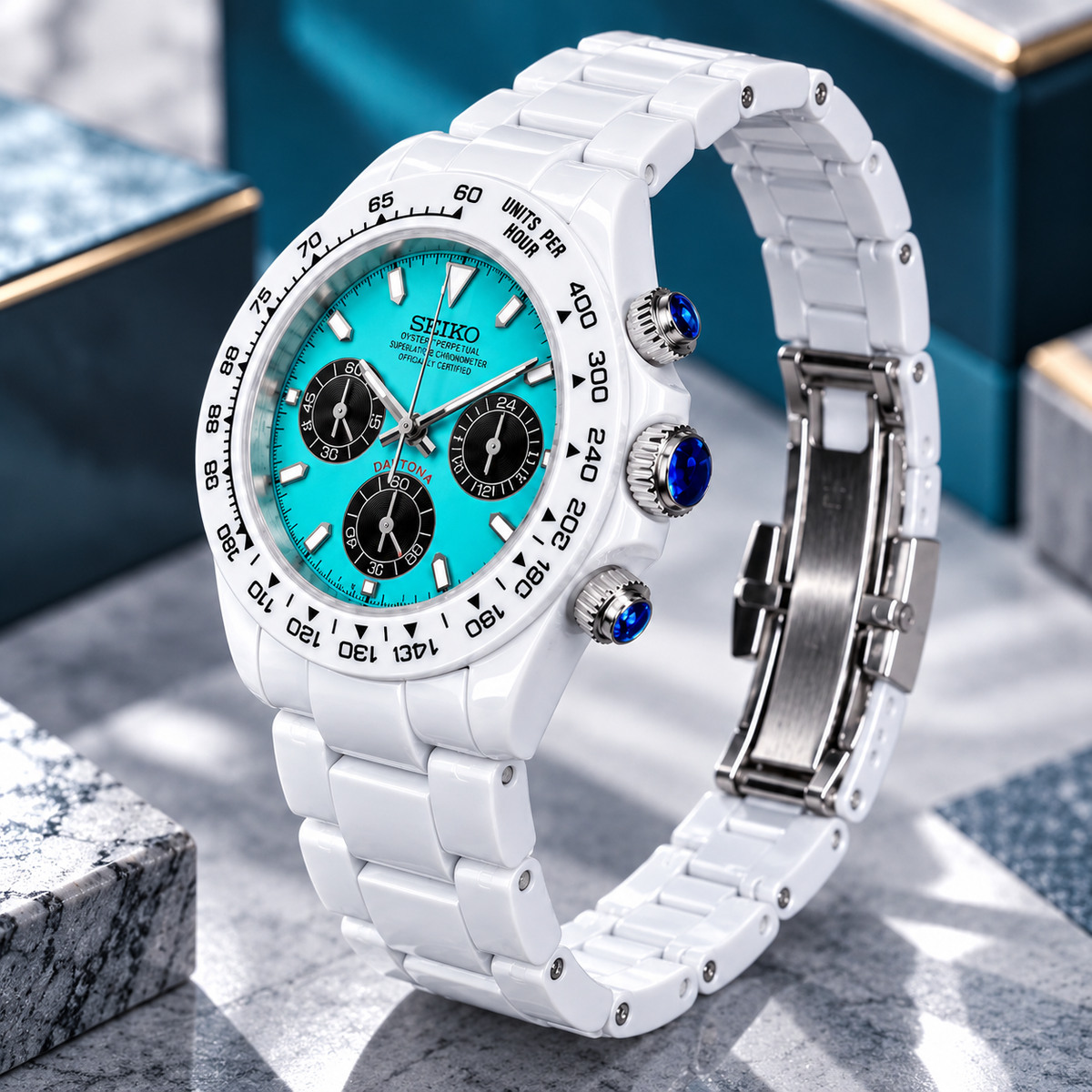 Custom Seiko Glacier White & Ice Blue Ceramic Chronograph Mod Watch